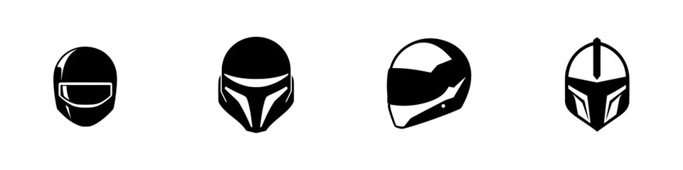 Stylish vector illustration of four unique black and white helmet designs for various sports or activities