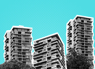 Halftone modern multi storey apartment buildings complex on retro background. Minimalist collage.