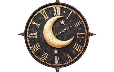 A Clock with Crescent Symbolizing the Sacred Observance of Fasting and Self-Discipline Isolated on transparent background.