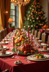 festive dinner table vibrant decorations colorful dishes holiday celebration feast elegance, party, setting, arrangement, light, napkin, glassware, cutlery