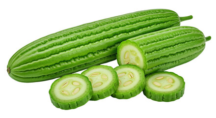 Fresh Luffa Ridge Gourd Whole Sliced Isolated Transparent Background PNG Vibrant Green Ridged...