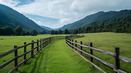 Wooden fence along green pasture, Valley and hills in countryside landscape, Concept of rural lifestyle and natural beauty