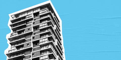 Halftone modern multi storey tall apartment building on blue glued paper background. Minimalist retro collage.