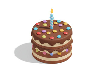 Brown cake with colorful circles and one candle