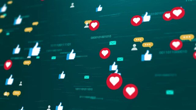 Social media icons flow in the network. Digital communication idea with likes, hearts, mail, chat, user symbols in the green background. Technology concept, global online connection.