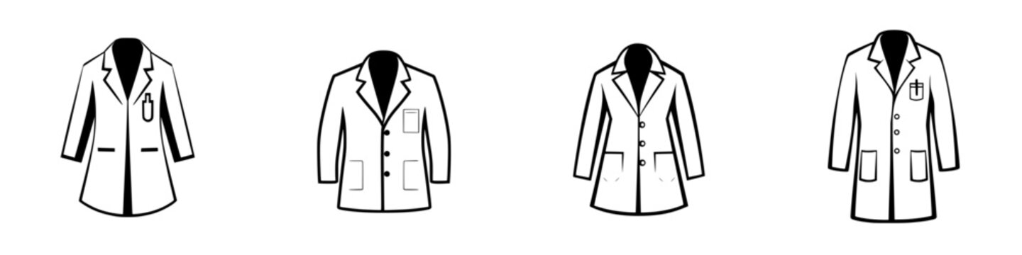 Collection of vector illustrations depicting various styles of lab coats in black and white