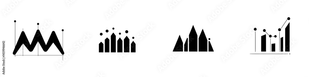 Poster vector illustrations of black and white graph icons representing data trends and statistical analysi