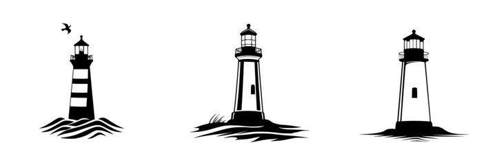 Vector illustration of three distinct lighthouse designs in black and white against a blank background