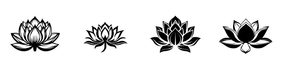 Elegant vector illustration of various black and white lotus flower designs for decorative and artistic use