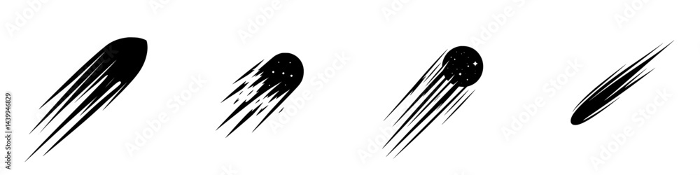 Poster vector illustration of comet-like objects in black and white style, showcasing dynamic movement and 