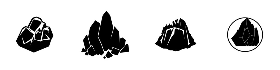 Black and white vector illustration of various rock formations and geologic shapes showcasing natural elements