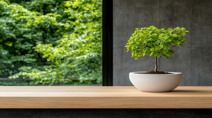Small Potted Plant on Wooden Table with Green Outdoor View