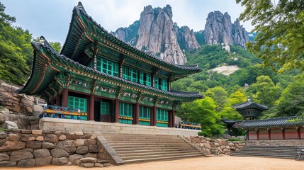 Majestic mountains with ancient temples and shrines, symbolizing cultural history