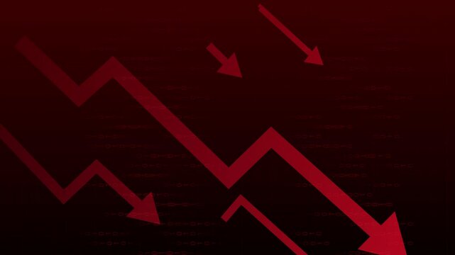 Stop motion. Animation. Volatile lines and falling bars on red grid suggest financial strain, cuts, and economic freeze. Concept of high interest, layoffs, hardship, uncertainty, slowdown