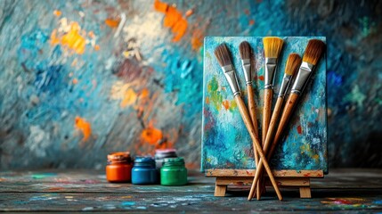 Art supplies, paintbrushes, easel, canvas, studio, colorful background, for creative use
