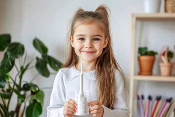Young girl holding a handmade wind turbine model