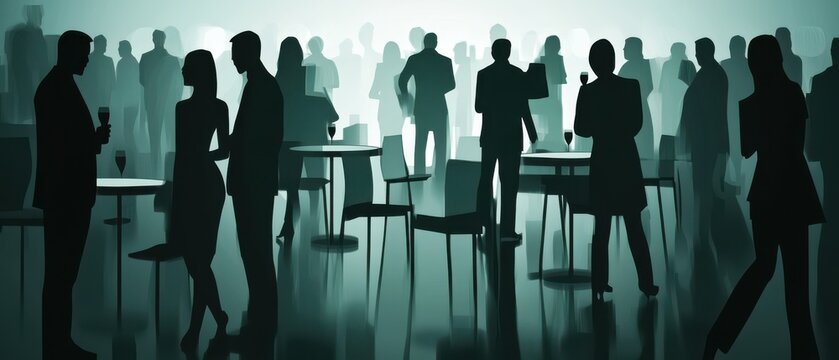 Silhouetted business people networking at evening cocktail party, enjoying drinks and conversation in a sophisticated atmosphere Concept of corporate event, social gathering, and celebration