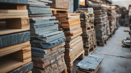 Unused pallets of bricks and tiles at a silent construction site