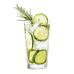 Refreshing drink with cucumber slices, ice cubes, and rosemary sprigs, isolated on a transparent background.