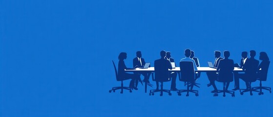 Silhouette of diverse business team in a meeting room, collaborating on laptops around a conference table Concept of teamwork, corporate strategy, and communication