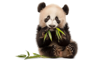 Naklejka premium Adorable baby panda sitting and eating fresh green bamboo leaves. Cute and fluffy.