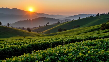 Sunset over lush tea fields hills nature scene tranquil environment aerial view serenity and growth