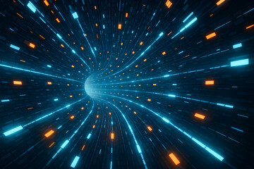 Futuristic digital tunnel with glowing lights.