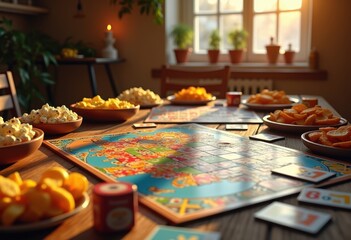 Naklejka premium vibrant board games array rustic wooden table surrounded tasty snacks ideal game night celebration, food, colors, fun, group, pieces, dice, cards, box