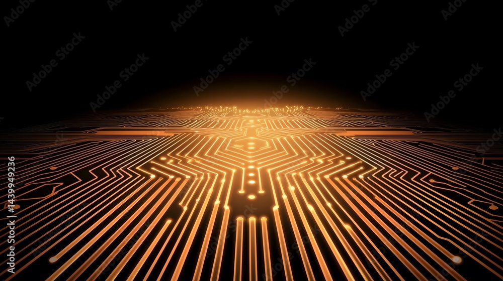 Poster the image shows a glowing orange circuit board extending to the horizon, creating a perspective of d