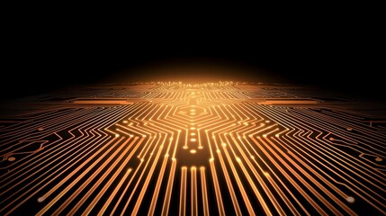The image shows a glowing orange circuit board extending to the horizon, creating a perspective of depth and technological advancement.