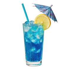 Bright blue cocktail with ice cubes, lemon slice, straw, and paper umbrella, isolated on a transparent background.