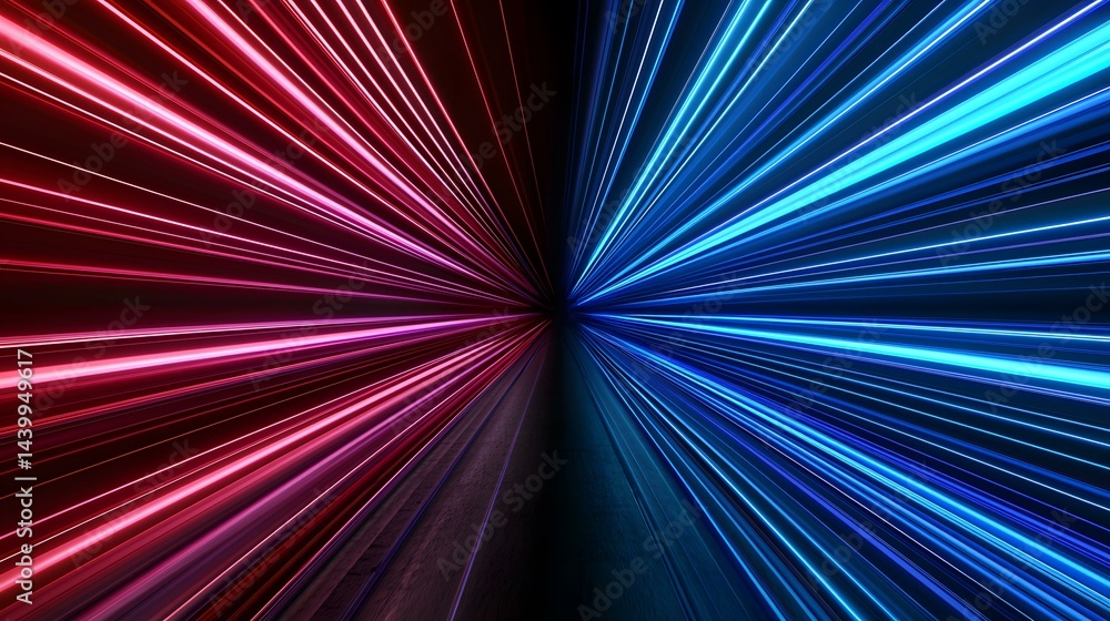 Poster the image contains a digital rendering of vibrant, radiating lines of light; one half is red and pur