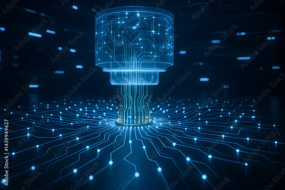 Poster futuristic digital data structure with glowing nodes.