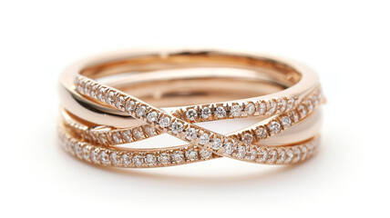 Elegant rose gold crossover ring with sparkling diamonds. A modern and stylish statement piece.