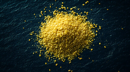 A neat pile of golden yellow fennel pollen arranged on a dark, smooth surface, emphasizing its natural, aromatic qualities and fine texture.