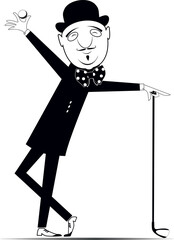Cartoon man in the bowler hat plays golf. 
Gentleman in the bowler hat holds a golf club and trying to do a good shot. Black and white illustration
