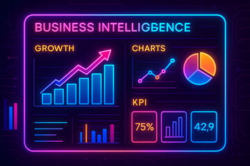 3D Neon Business Intelligence Dashboard with Growth and KPI Charts
