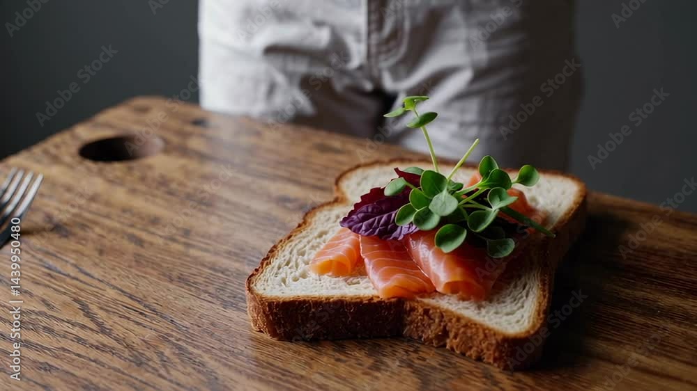 Poster fresh salmon slices and vibrant microgreens rest atop a piece of toasted bread on a wooden cutting b