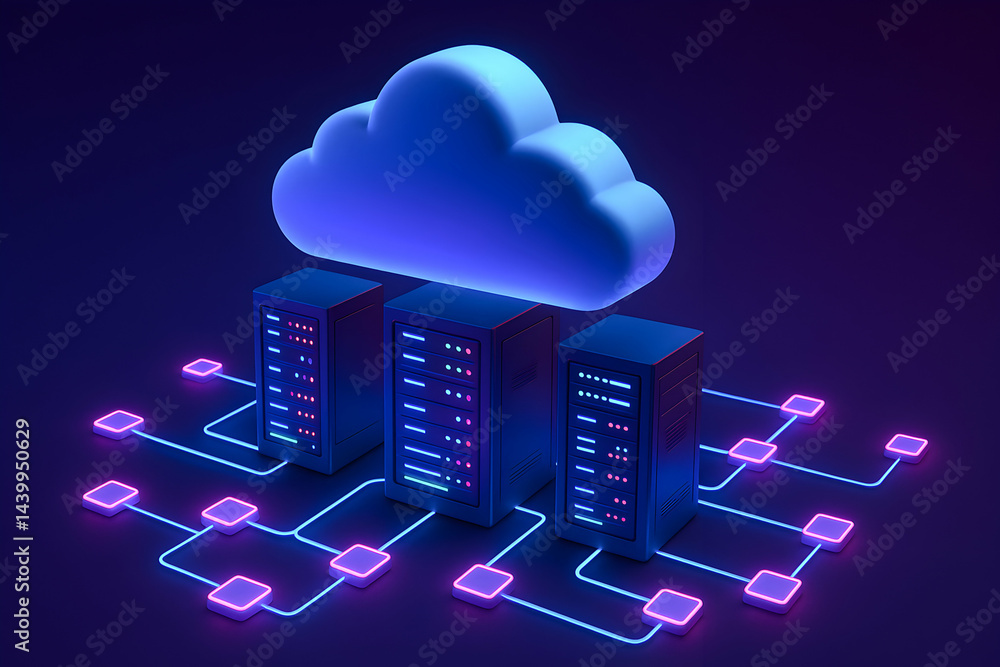 Poster cloud server with data connection, modern design.