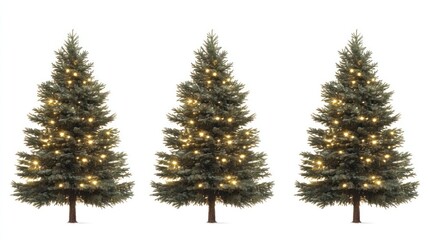 Three christmas trees with warm white lights