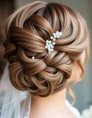 Elegante Brautfrisur in aufwendigem Flechtstil mit Perlendekor und Schleier, stilvoll arrangiert f&uuml;r die Hochzeit