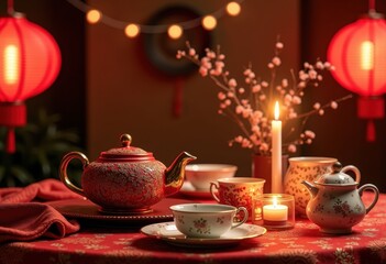 Fototapeta premium festive table setup bright red lanterns tea cozy gathering atmosphere delightful decor, candle, ceramics, cloth, holiday, celebration, invitation, ribbon