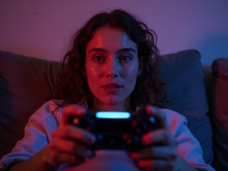 A close-up of a young woman with curly hair holding a video game controller, illuminated by colored light