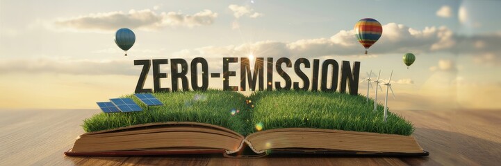 Zero-emission future revealed through an open book.