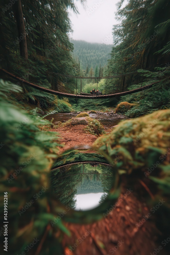 Aufkleber enchanting forest landscape with reflection and bridge in lush green environment captured in double 