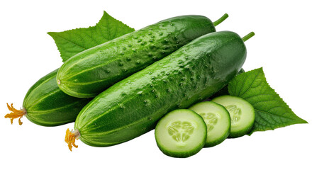Three Fresh Cucumbers Leaves Isolated Transparent Background PNG Vivid Green Clean Studio Lighting Detail