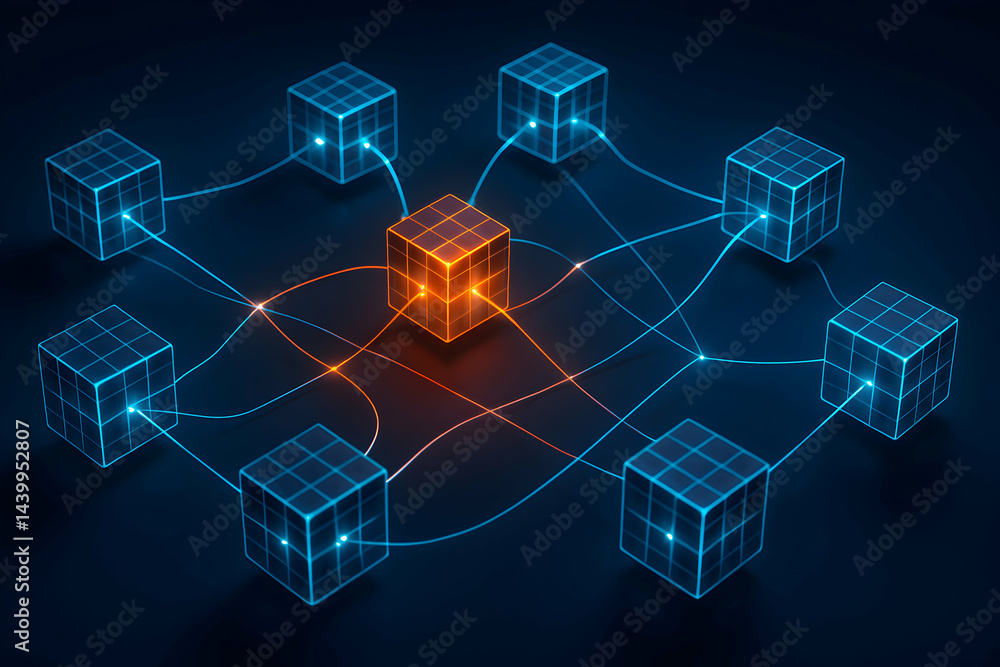 Poster abstract network of connected digital cubes.