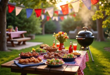 Fototapeta premium patriotic bbq setup picnic decor flags charcoal grill table spread outdoor celebration gathering, food, cooking, tableware, utensils, tablecloth, checkered