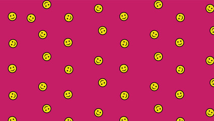 Seamless pattern of yellow smiley faces on a Dark Pink background.