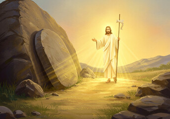 The Resurrection: Jesus Christ Emerging from the Empty Tomb with Staff